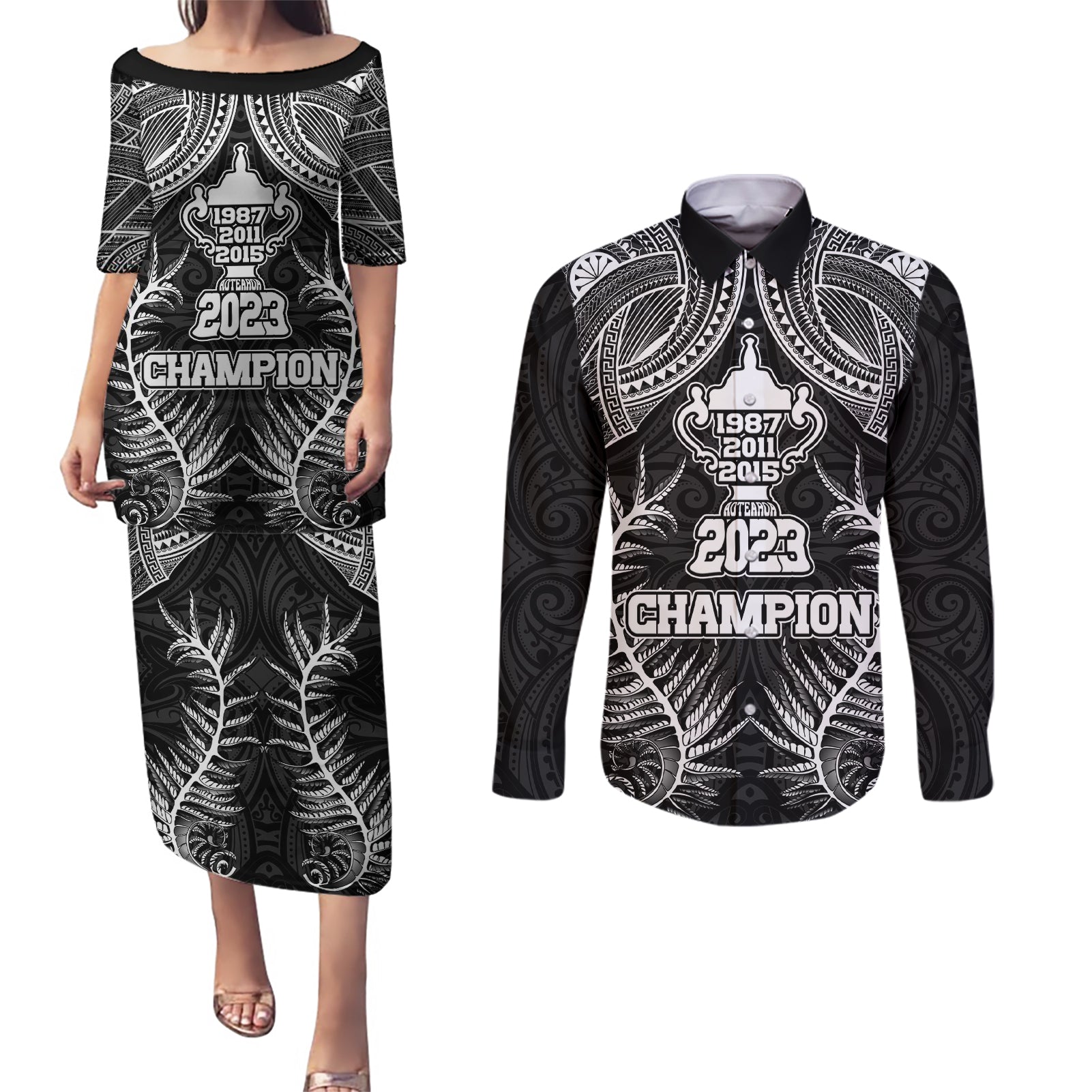 Custom New Zealand Rugby Couples Matching Puletasi Dress and Long Sleeve Button Shirt Aotearoa Champion Cup History with Silver Fern LT03 Black - Polynesian Pride