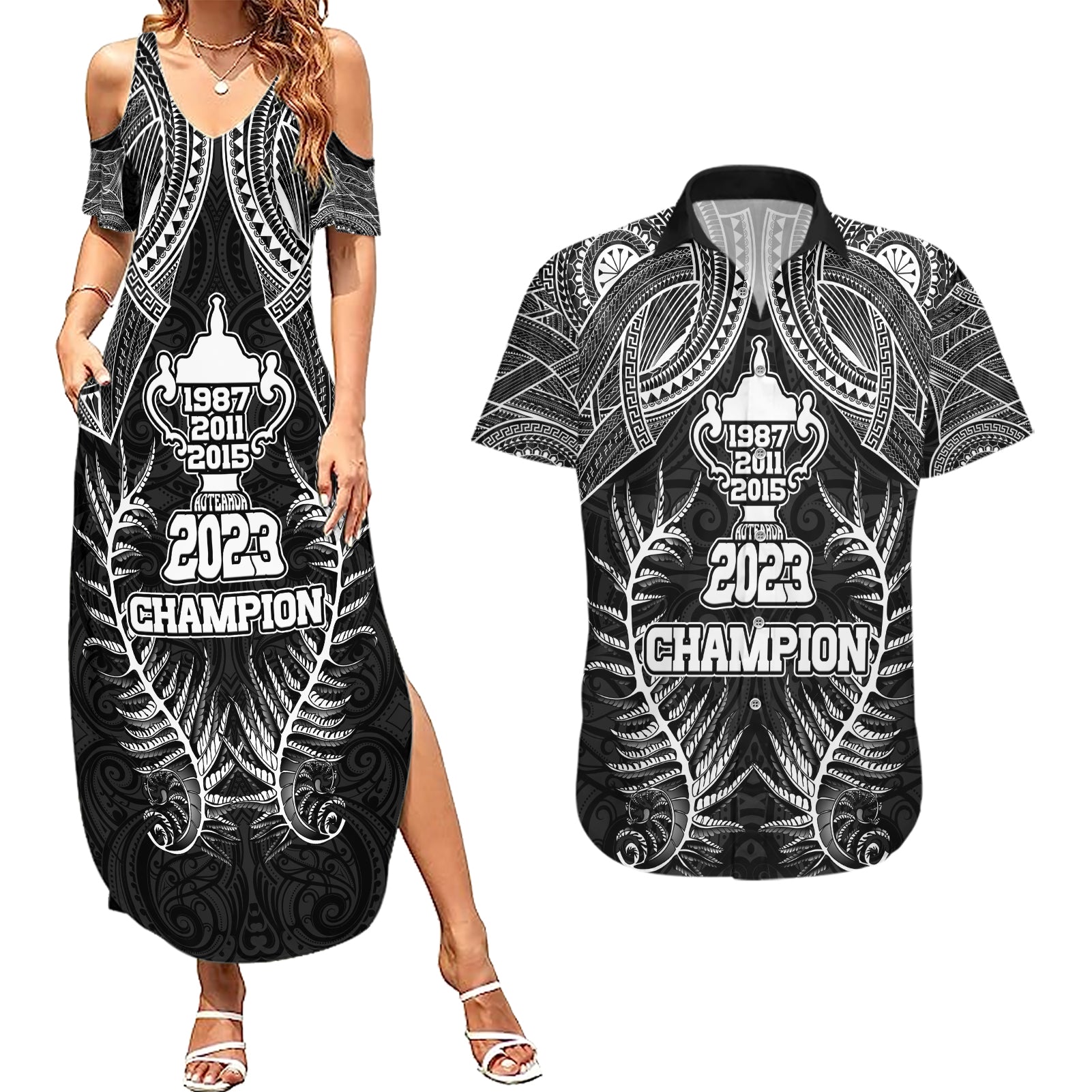 Custom New Zealand Rugby Couples Matching Summer Maxi Dress and Hawaiian Shirt Aotearoa Champion Cup History with Silver Fern LT03 Black - Polynesian Pride