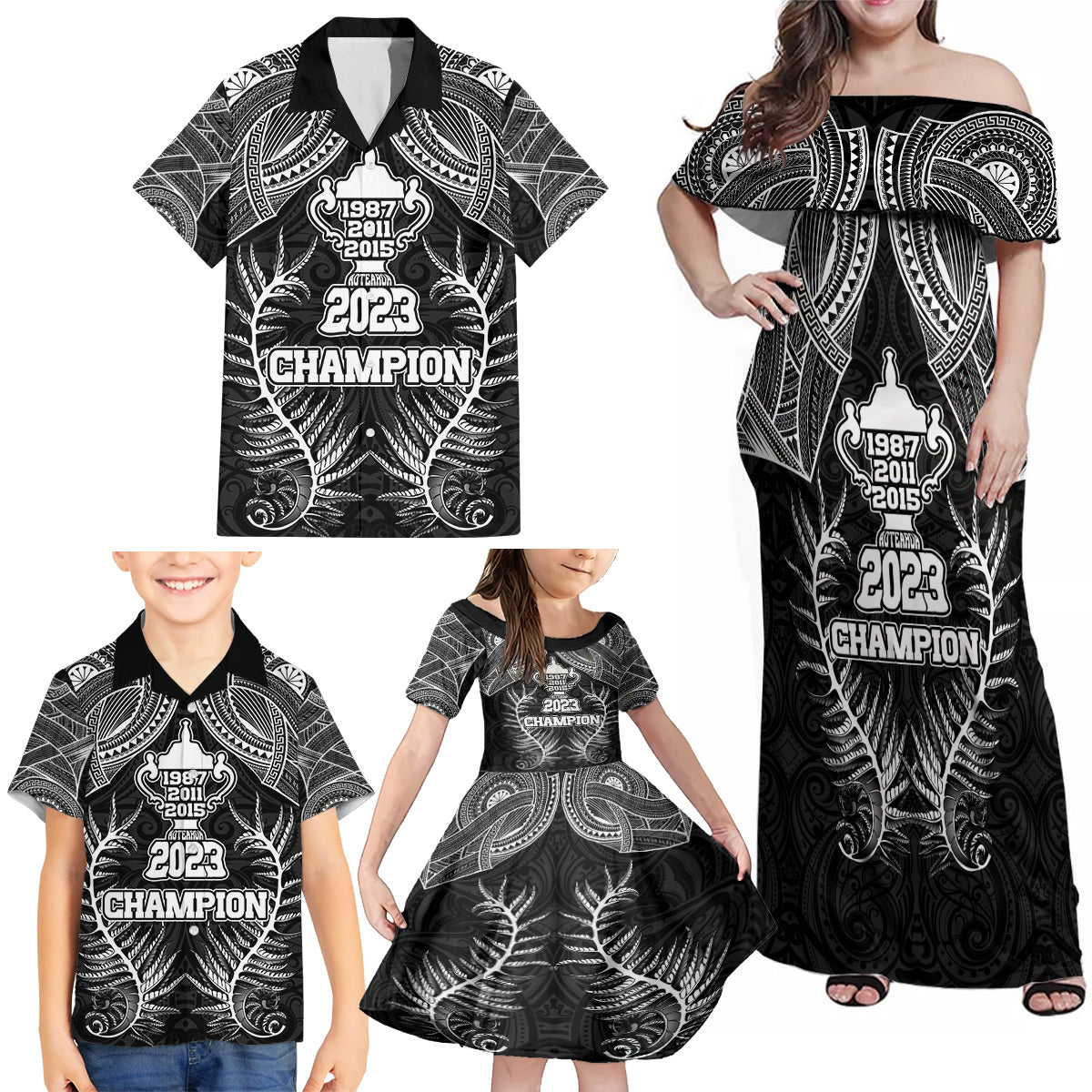 Custom New Zealand Rugby Family Matching Off Shoulder Maxi Dress and Hawaiian Shirt Aotearoa Champion Cup History with Silver Fern LT03 - Polynesian Pride