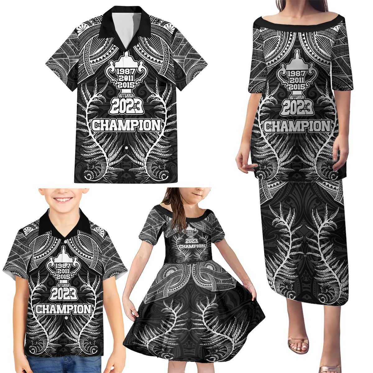 Custom New Zealand Rugby Family Matching Puletasi Dress and Hawaiian Shirt Aotearoa Champion Cup History with Silver Fern LT03 - Polynesian Pride