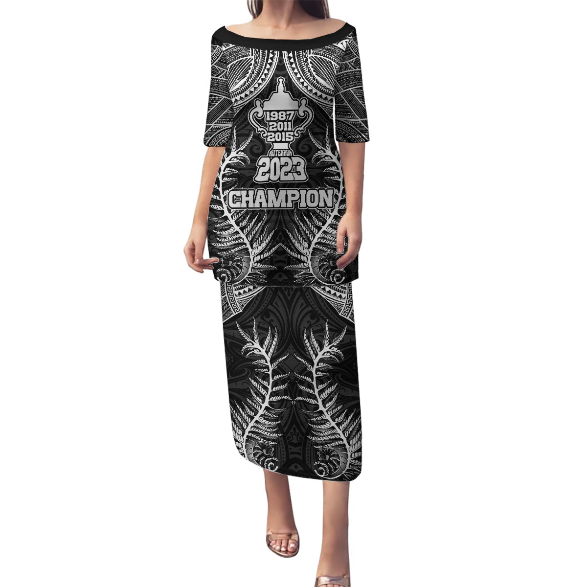 Custom New Zealand Rugby Family Matching Puletasi Dress and Hawaiian Shirt Aotearoa Champion Cup History with Silver Fern LT03 Mom's Dress Black - Polynesian Pride