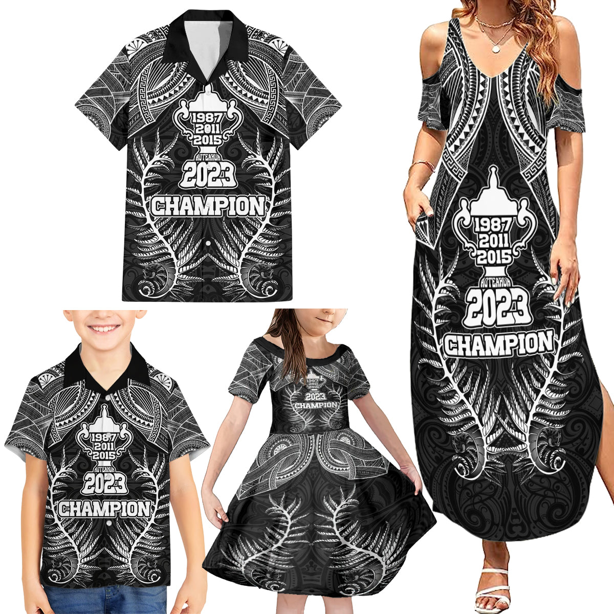 Custom New Zealand Rugby Family Matching Summer Maxi Dress and Hawaiian Shirt Aotearoa Champion Cup History with Silver Fern LT03 - Polynesian Pride