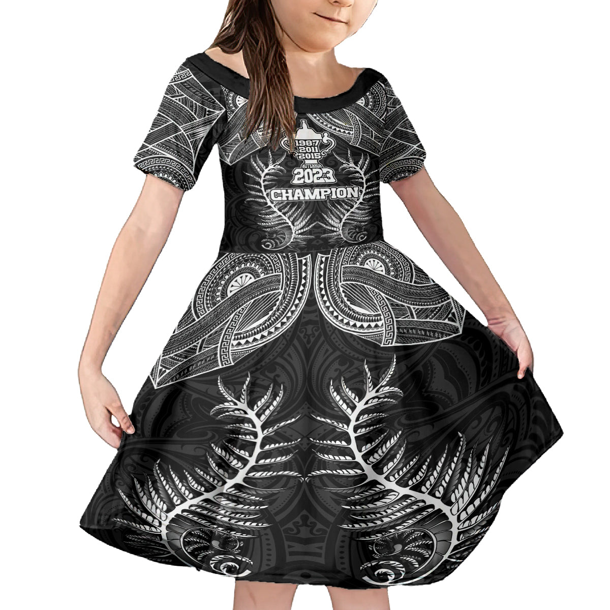 Custom New Zealand Rugby Kid Short Sleeve Dress Aotearoa Champion Cup History with Silver Fern LT03 KID Black - Polynesian Pride