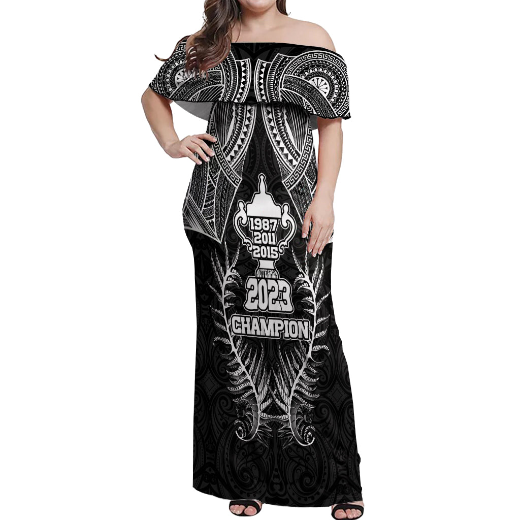 Custom New Zealand Rugby Off Shoulder Maxi Dress Aotearoa Champion Cup History with Silver Fern LT03 Women Black - Polynesian Pride