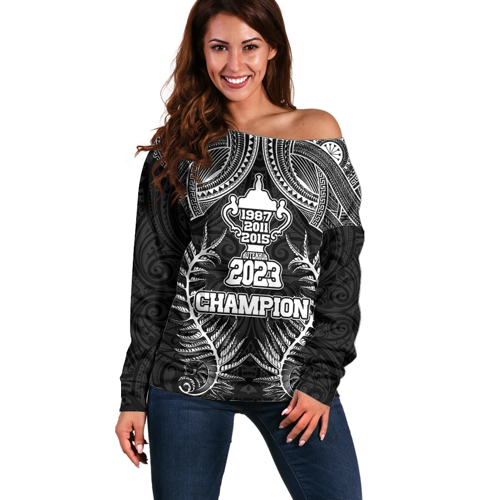 Custom New Zealand Rugby Off Shoulder Sweater Aotearoa Champion Cup History with Silver Fern LT03 Women Black - Polynesian Pride