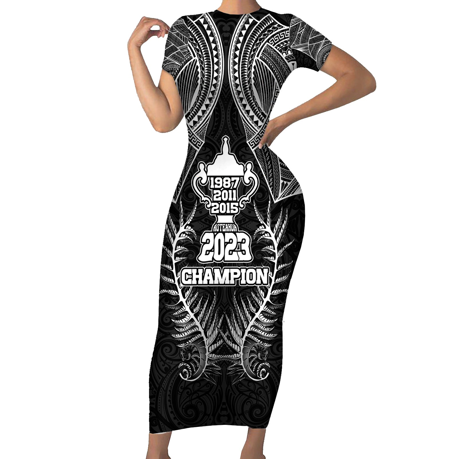 Custom New Zealand Rugby Short Sleeve Bodycon Dress Aotearoa Champion Cup History with Silver Fern LT03 Long Dress Black - Polynesian Pride