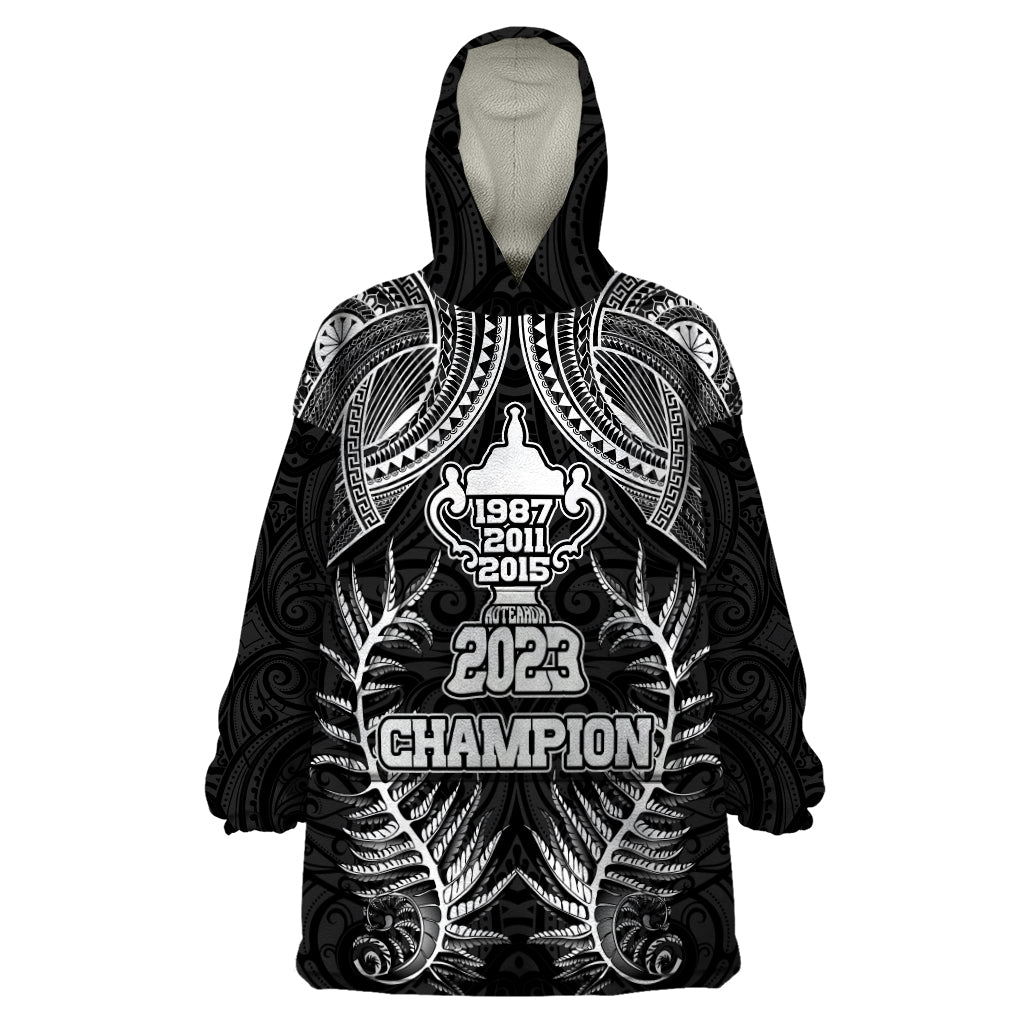 Custom New Zealand Rugby Wearable Blanket Hoodie Aotearoa Champion Cup History with Silver Fern LT03 One Size Black - Polynesian Pride