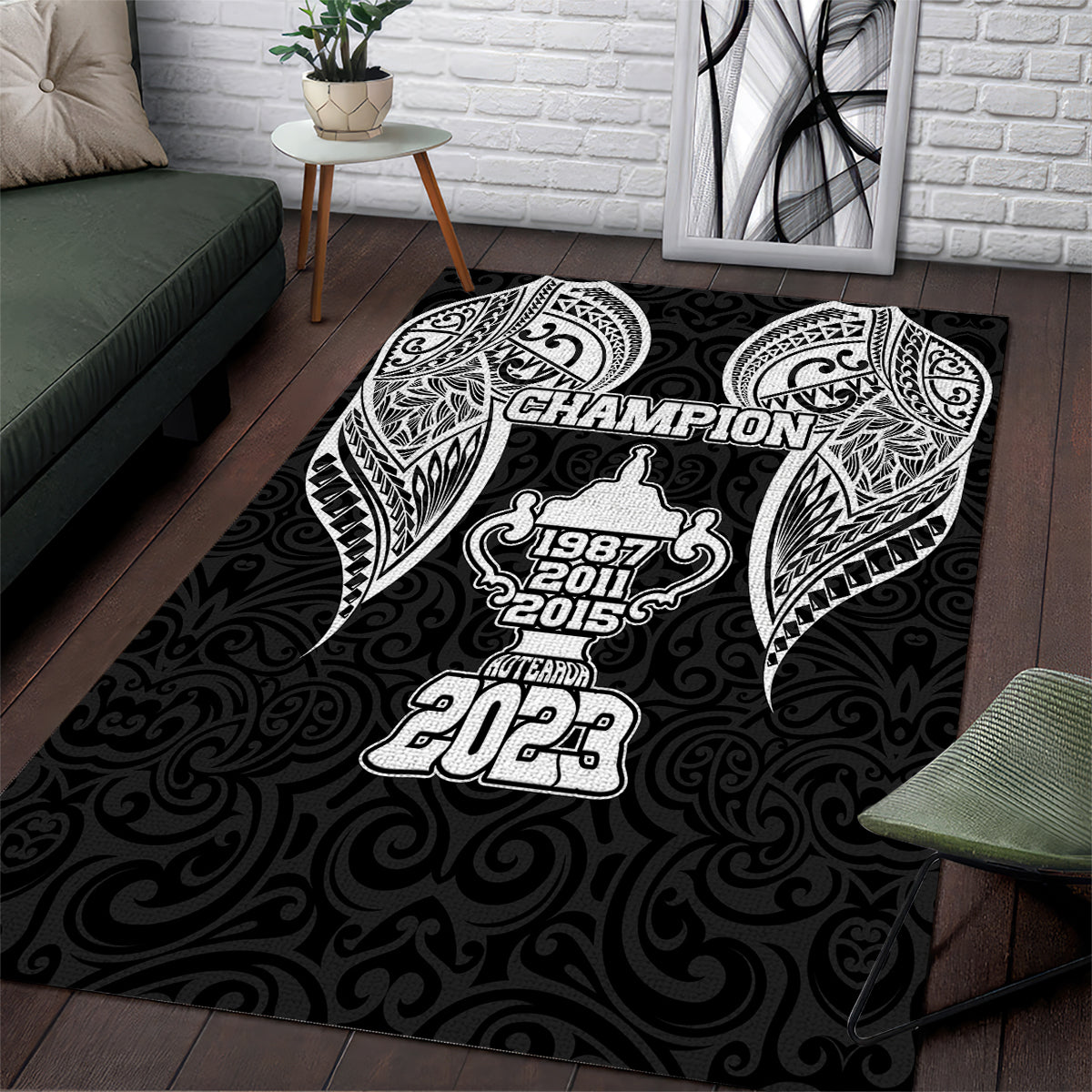 New Zealand Rugby Area Rug Aotearoa Champion Cup History with Haka Dance LT03 Black - Polynesian Pride