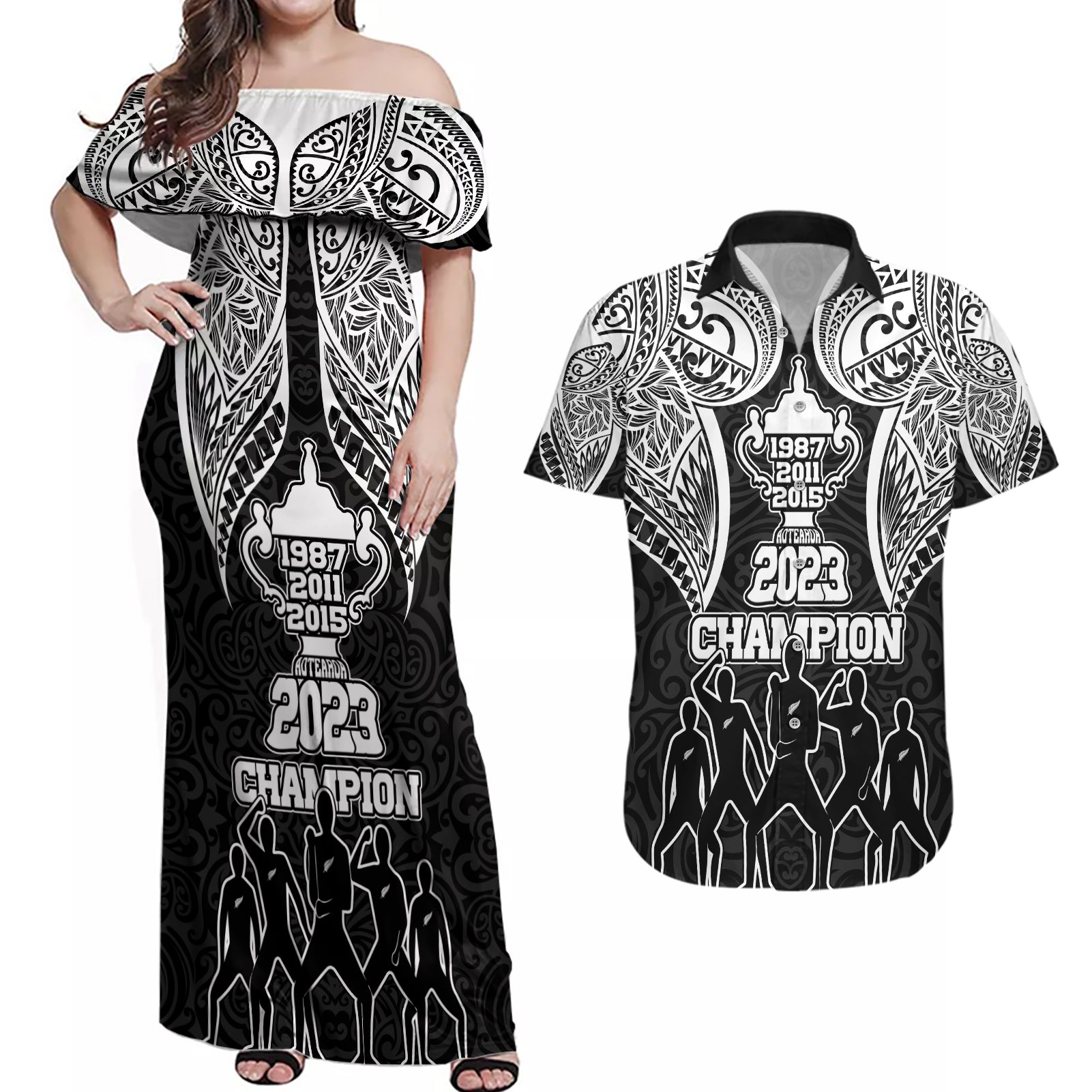 New Zealand Rugby Couples Matching Off Shoulder Maxi Dress and Hawaiian Shirt Aotearoa Champion Cup History with Haka Dance LT03 Black - Polynesian Pride