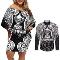 New Zealand Rugby Couples Matching Off Shoulder Short Dress and Long Sleeve Button Shirt Aotearoa Champion Cup History with Haka Dance LT03 Black - Polynesian Pride