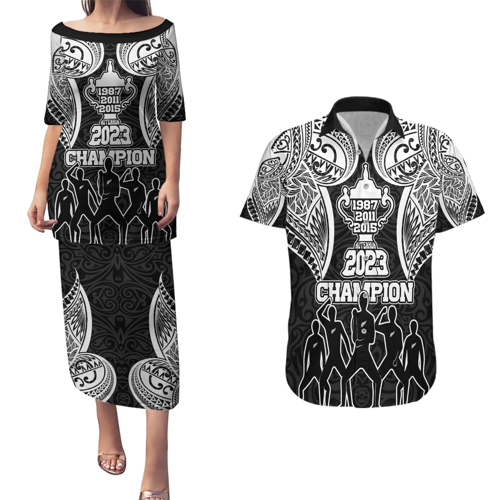 New Zealand Rugby Couples Matching Puletasi Dress and Hawaiian Shirt Aotearoa Champion Cup History with Haka Dance LT03 Black - Polynesian Pride