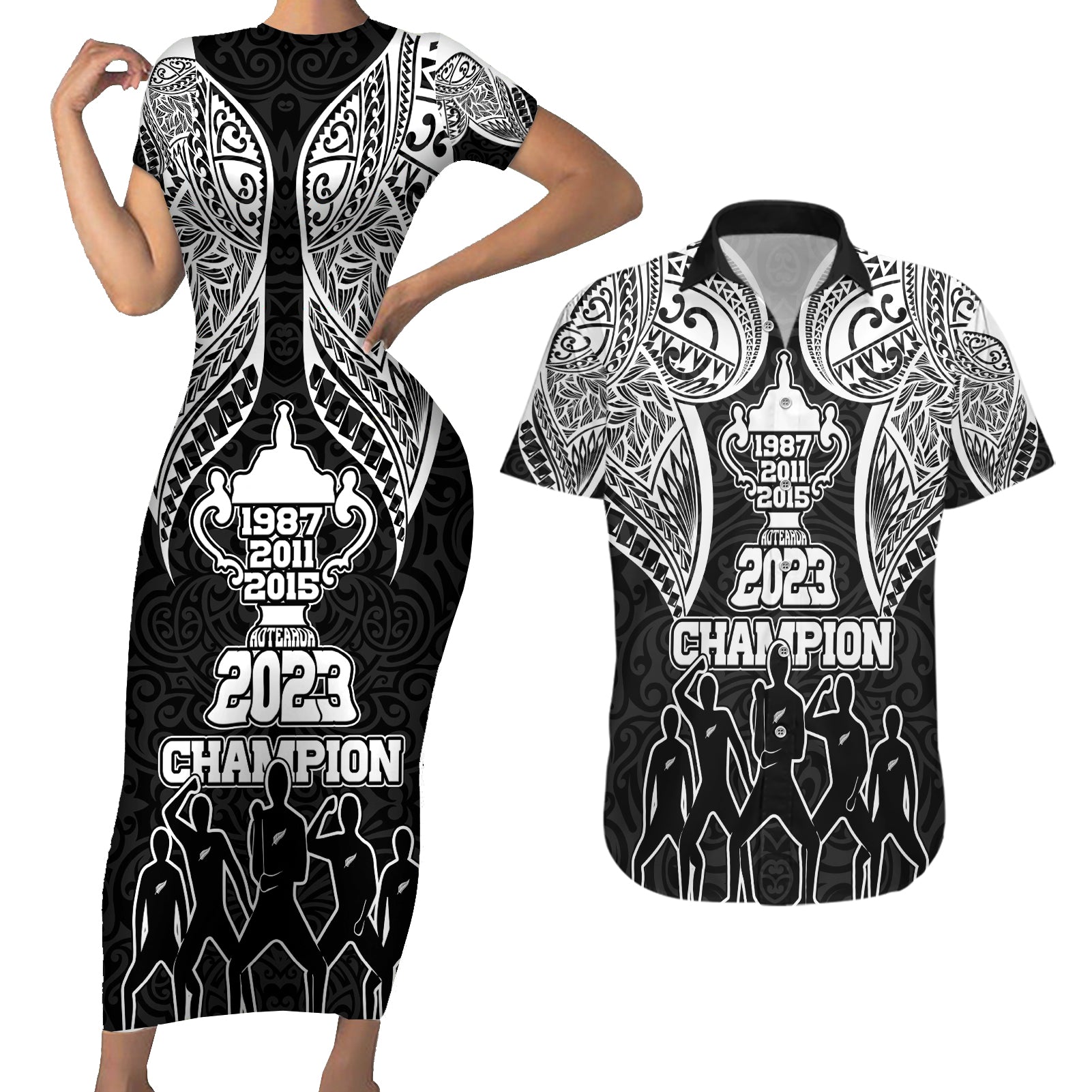 New Zealand Rugby Couples Matching Short Sleeve Bodycon Dress and Hawaiian Shirt Aotearoa Champion Cup History with Haka Dance LT03 Black - Polynesian Pride