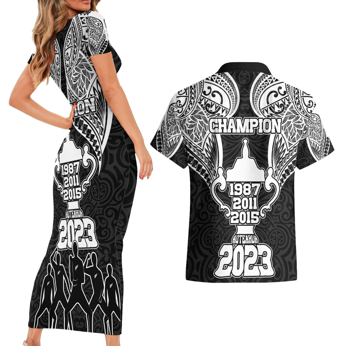 New Zealand Rugby Couples Matching Short Sleeve Bodycon Dress and Hawaiian Shirt Aotearoa Champion Cup History with Haka Dance LT03 - Polynesian Pride