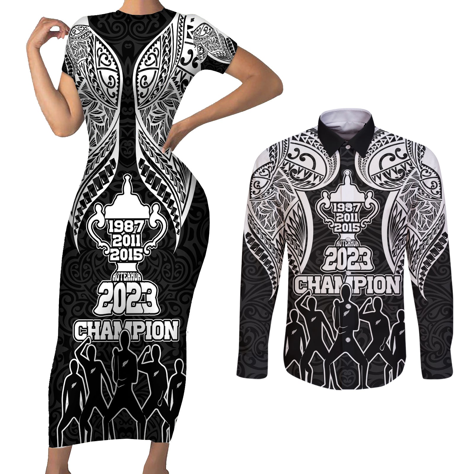 New Zealand Rugby Couples Matching Short Sleeve Bodycon Dress and Long Sleeve Button Shirt Aotearoa Champion Cup History with Haka Dance LT03 Black - Polynesian Pride