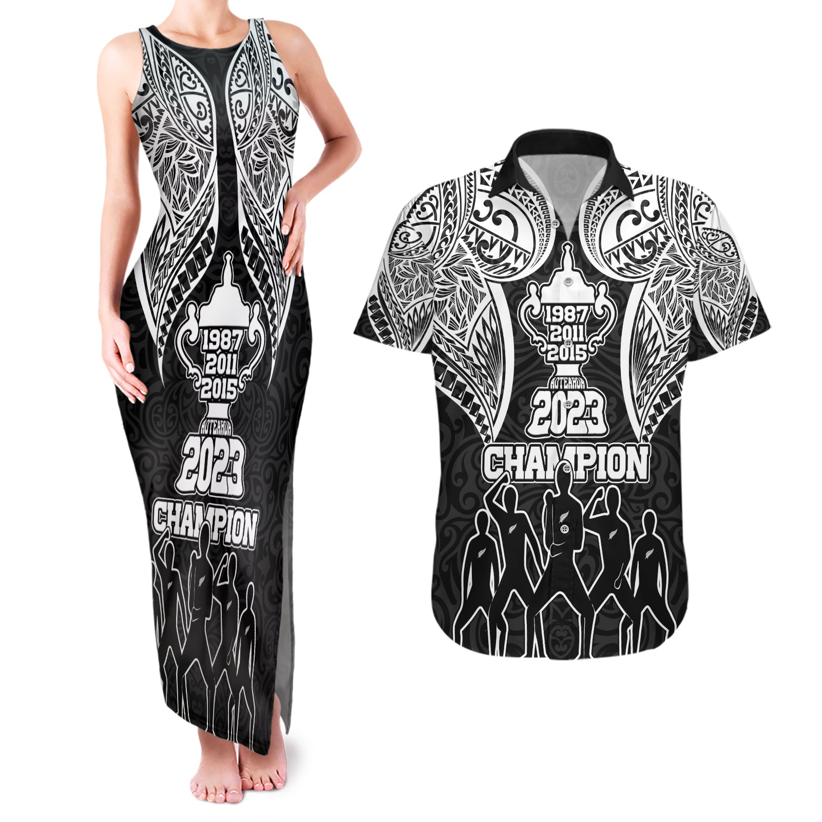 New Zealand Rugby Couples Matching Tank Maxi Dress and Hawaiian Shirt Aotearoa Champion Cup History with Haka Dance LT03 Black - Polynesian Pride