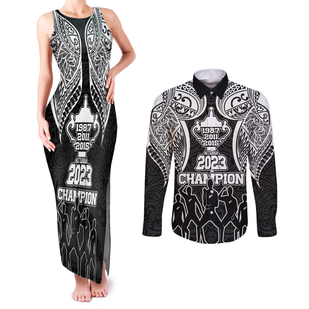 New Zealand Rugby Couples Matching Tank Maxi Dress and Long Sleeve Button Shirt Aotearoa Champion Cup History with Haka Dance LT03 Black - Polynesian Pride