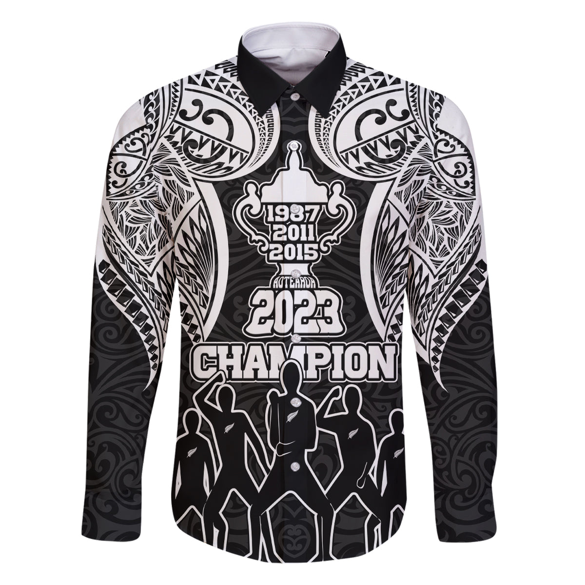 New Zealand Rugby Family Matching Mermaid Dress and Hawaiian Shirt Aotearoa Champion Cup History with Haka Dance LT03 Dad's Shirt - Long Sleeve Black - Polynesian Pride