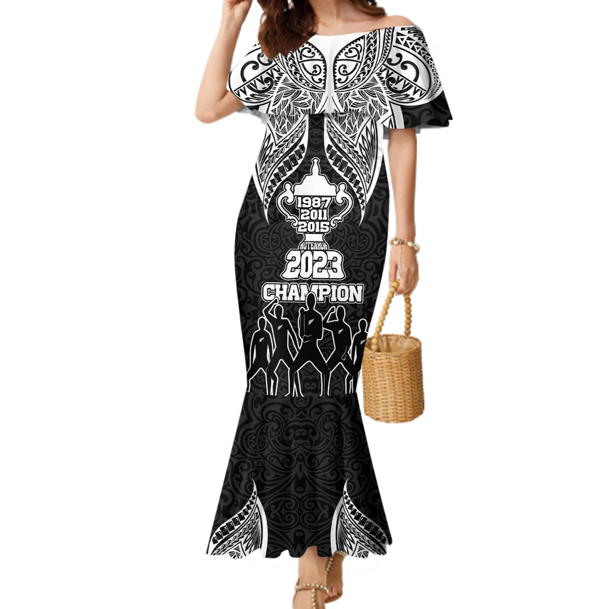 New Zealand Rugby Family Matching Mermaid Dress and Hawaiian Shirt Aotearoa Champion Cup History with Haka Dance LT03 Mom's Dress Black - Polynesian Pride