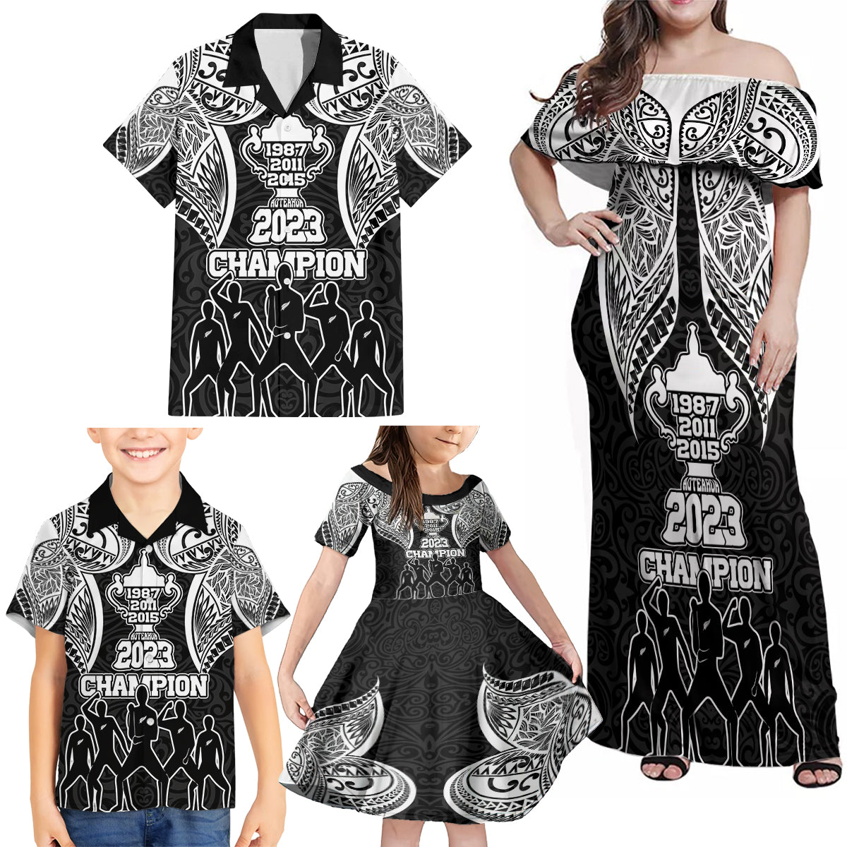 New Zealand Rugby Family Matching Off Shoulder Maxi Dress and Hawaiian Shirt Aotearoa Champion Cup History with Haka Dance LT03 - Polynesian Pride