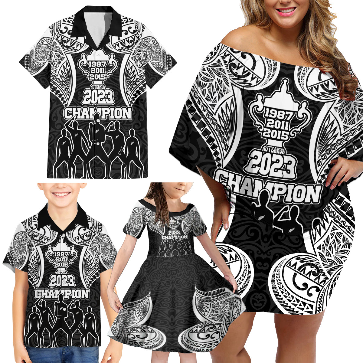 New Zealand Rugby Family Matching Off Shoulder Short Dress and Hawaiian Shirt Aotearoa Champion Cup History with Haka Dance LT03 - Polynesian Pride