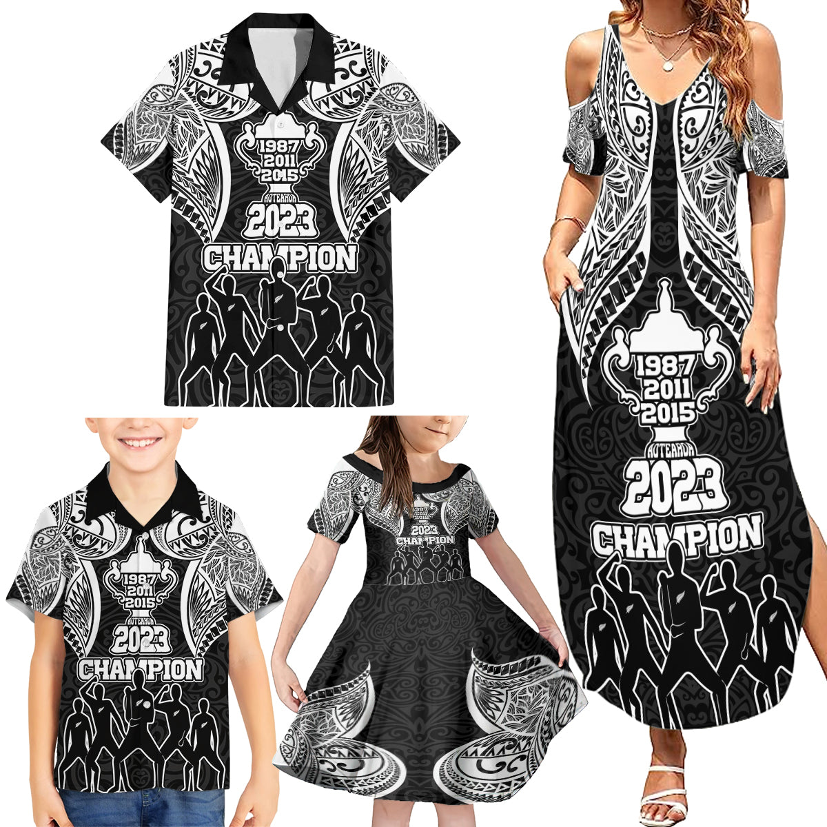 New Zealand Rugby Family Matching Summer Maxi Dress and Hawaiian Shirt Aotearoa Champion Cup History with Haka Dance LT03 - Polynesian Pride