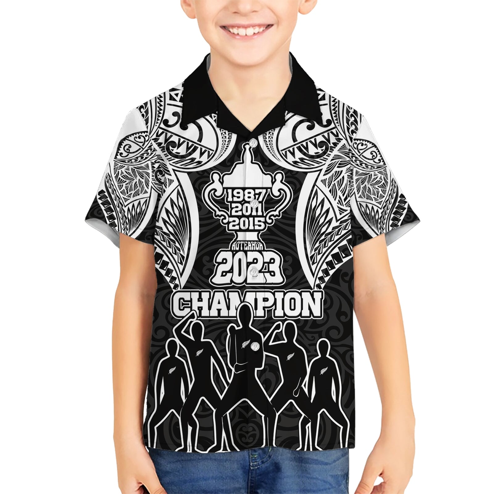 New Zealand Rugby Kid Hawaiian Shirt Aotearoa Champion Cup History with Haka Dance LT03 Kid Black - Polynesian Pride