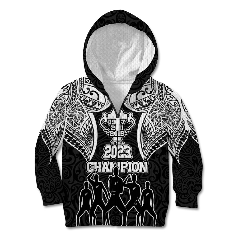 New Zealand Rugby Kid Hoodie Aotearoa Champion Cup History with Haka Dance LT03 Zip Hoodie Black - Polynesian Pride