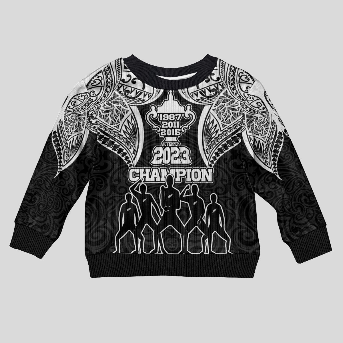 New Zealand Rugby Kid Ugly Christmas Sweater Aotearoa Champion Cup History with Haka Dance LT03 Kid Black - Polynesian Pride