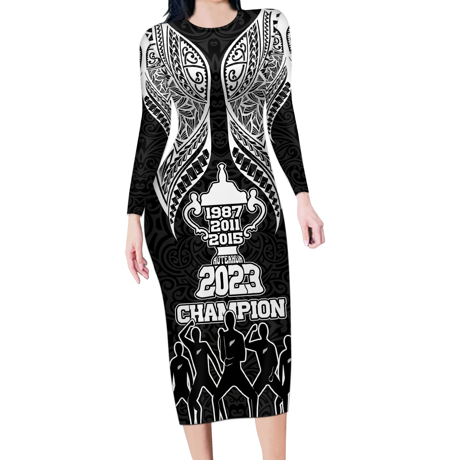 New Zealand Rugby Long Sleeve Bodycon Dress Aotearoa Champion Cup History with Haka Dance LT03 Long Dress Black - Polynesian Pride