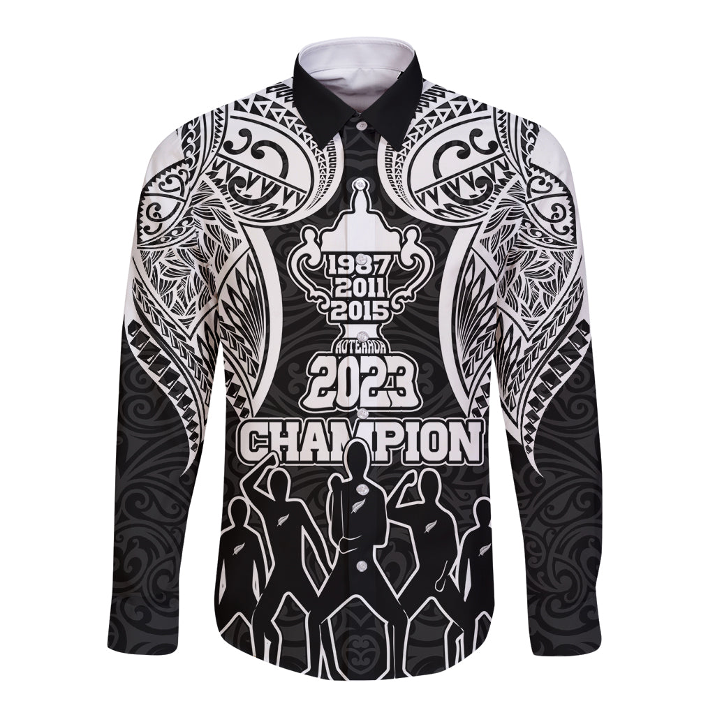 New Zealand Rugby Long Sleeve Button Shirt Aotearoa Champion Cup History with Haka Dance LT03 Unisex Black - Polynesian Pride