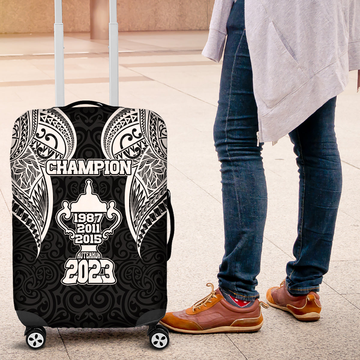 New Zealand Rugby Luggage Cover Aotearoa Champion Cup History with Haka Dance LT03 Black - Polynesian Pride