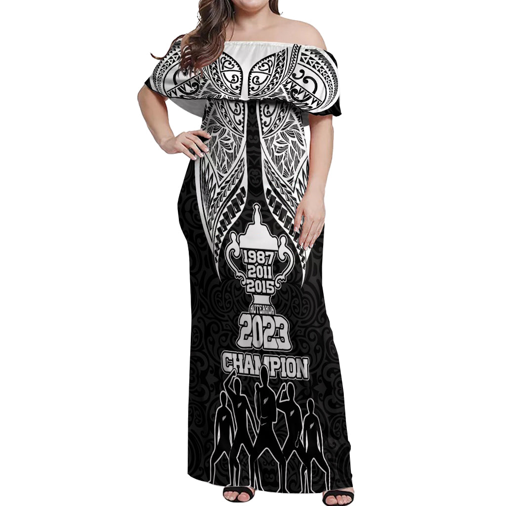 New Zealand Rugby Off Shoulder Maxi Dress Aotearoa Champion Cup History with Haka Dance LT03 Women Black - Polynesian Pride