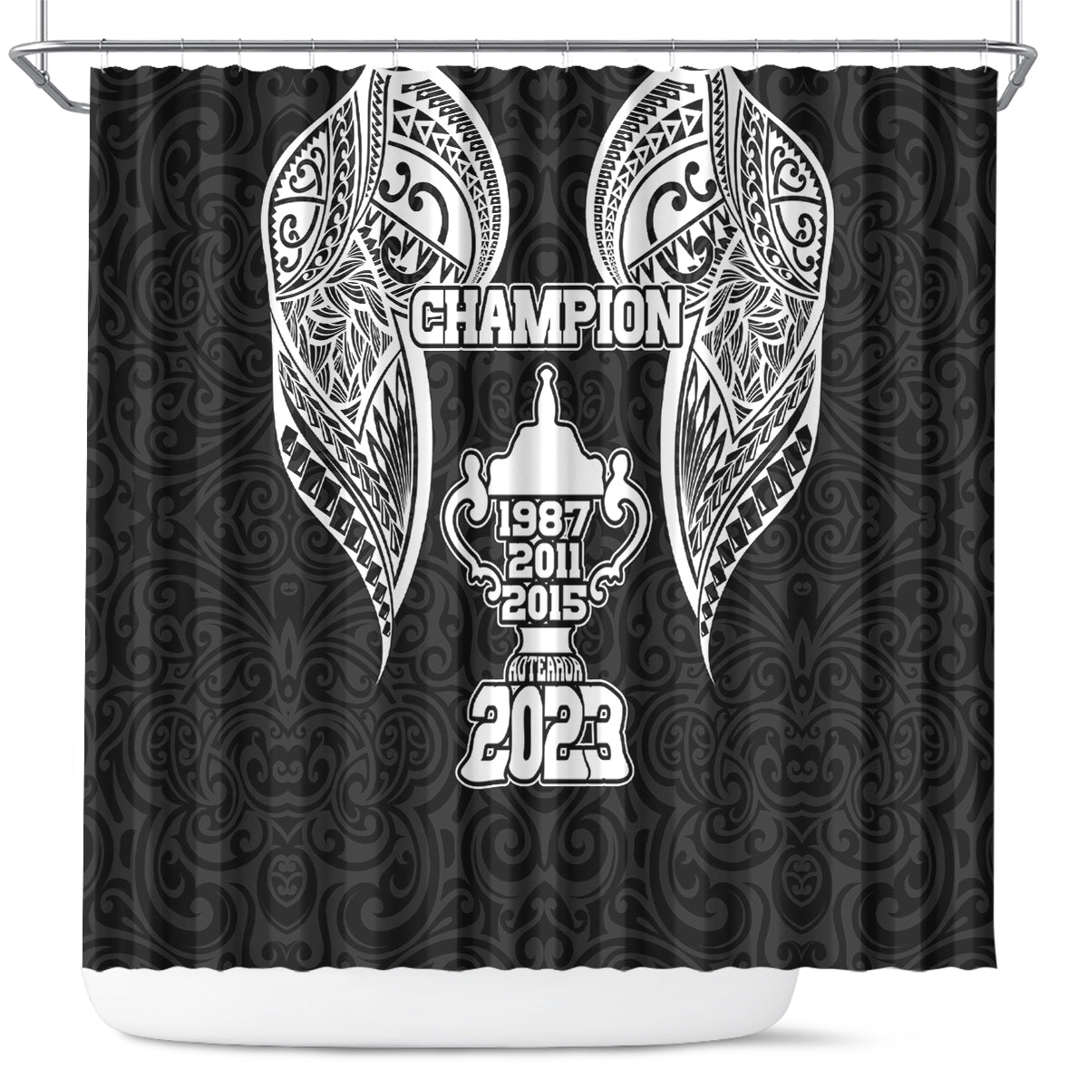 New Zealand Rugby Shower Curtain Aotearoa Champion Cup History with Haka Dance LT03 Black - Polynesian Pride