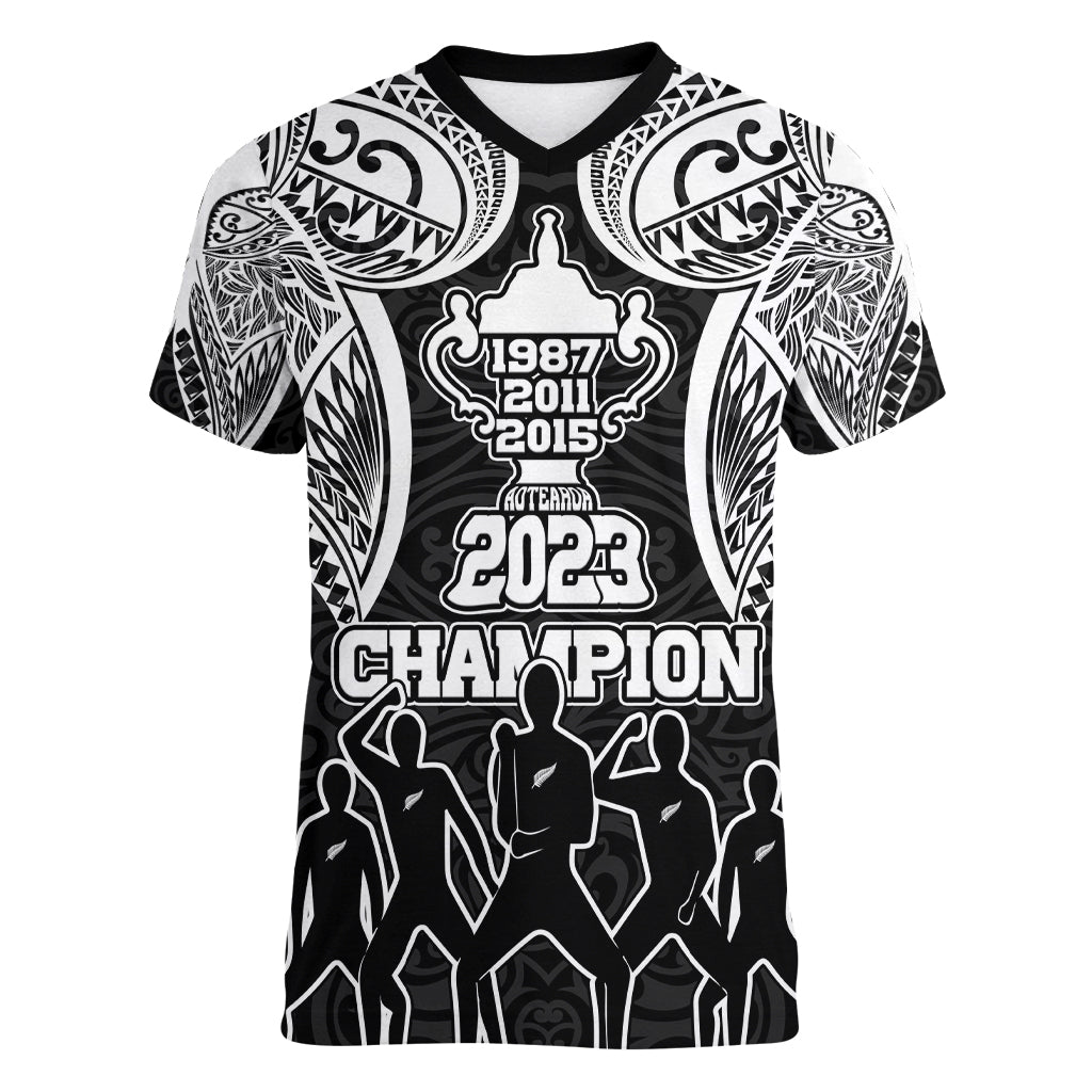 New Zealand Rugby Women V Neck T Shirt Aotearoa Champion Cup History with Haka Dance LT03 Female Black - Polynesian Pride