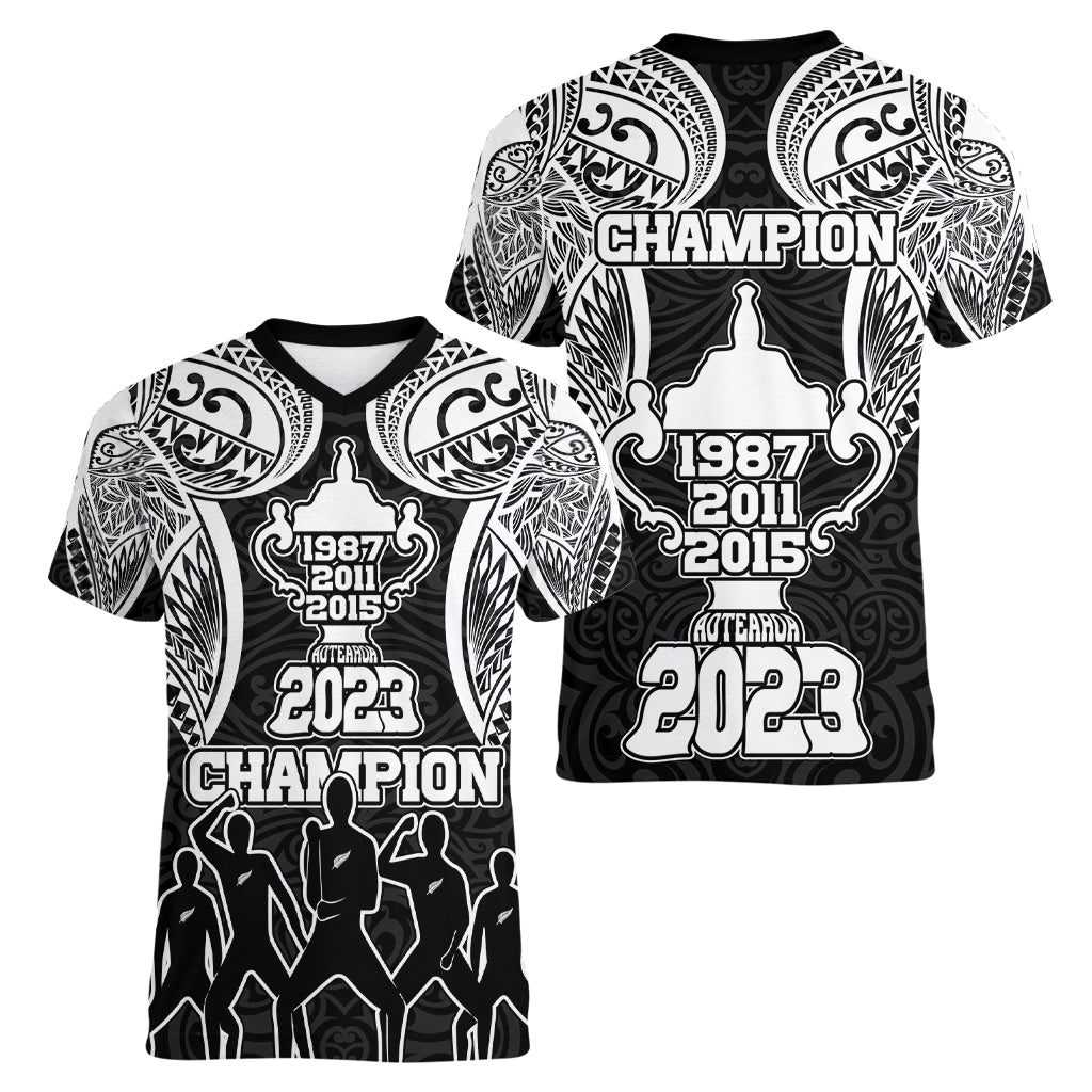 New Zealand Rugby Women V Neck T Shirt Aotearoa Champion Cup History with Haka Dance LT03 - Polynesian Pride