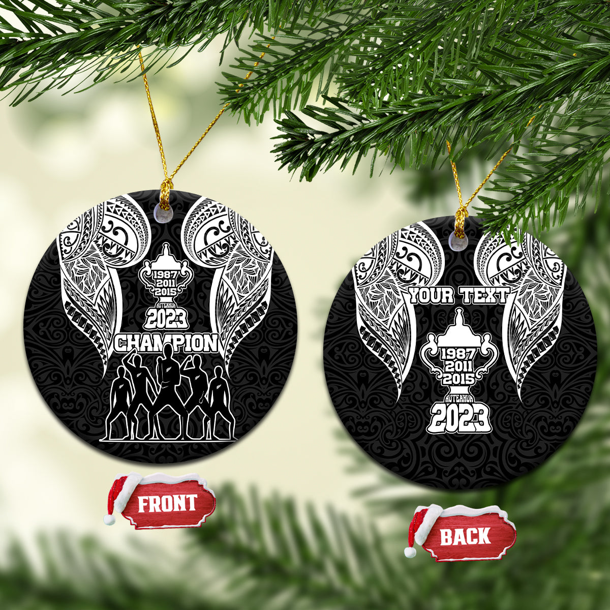 Personalised New Zealand Rugby Ceramic Ornament Aotearoa Champion Cup History with Haka Dance LT03 Circle Black - Polynesian Pride