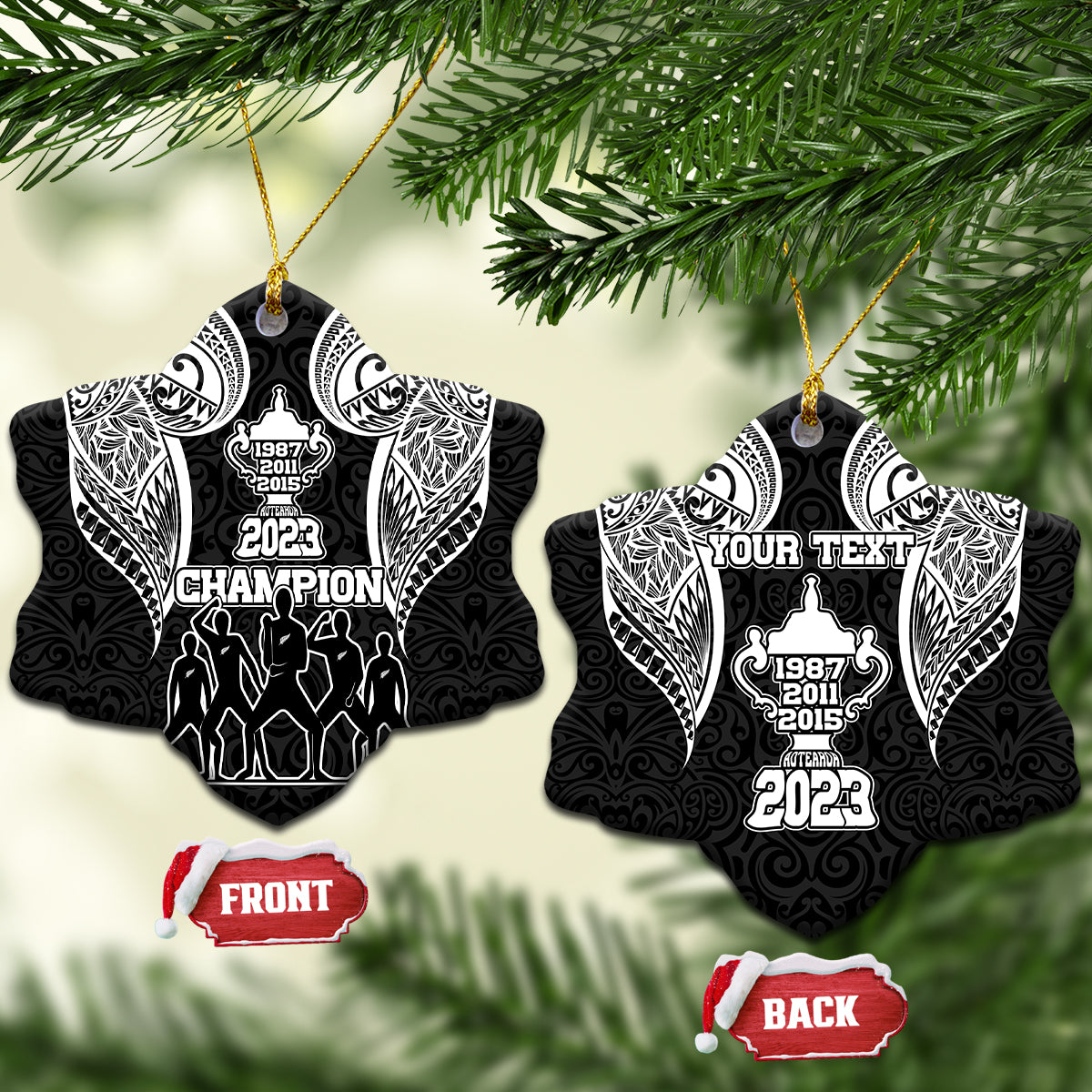 Personalised New Zealand Rugby Ceramic Ornament Aotearoa Champion Cup History with Haka Dance LT03 Snow Flake Black - Polynesian Pride