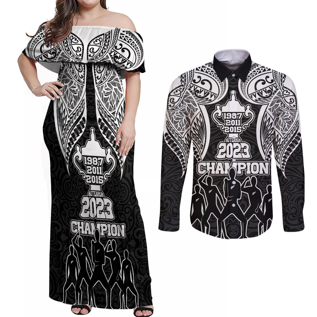 Personalised New Zealand Rugby Couples Matching Off Shoulder Maxi Dress and Long Sleeve Button Shirt Aotearoa Champion Cup History with Haka Dance LT03 Black - Polynesian Pride