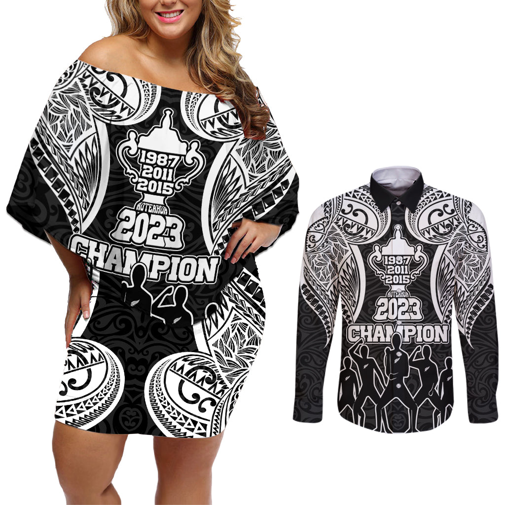 Personalised New Zealand Rugby Couples Matching Off Shoulder Short Dress and Long Sleeve Button Shirt Aotearoa Champion Cup History with Haka Dance LT03 Black - Polynesian Pride