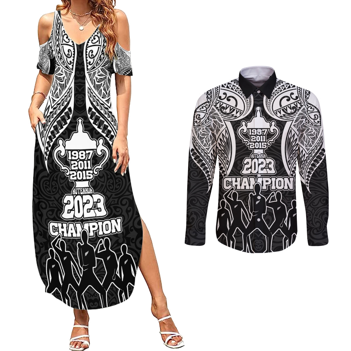 Personalised New Zealand Rugby Couples Matching Summer Maxi Dress and Long Sleeve Button Shirt Aotearoa Champion Cup History with Haka Dance LT03 Black - Polynesian Pride