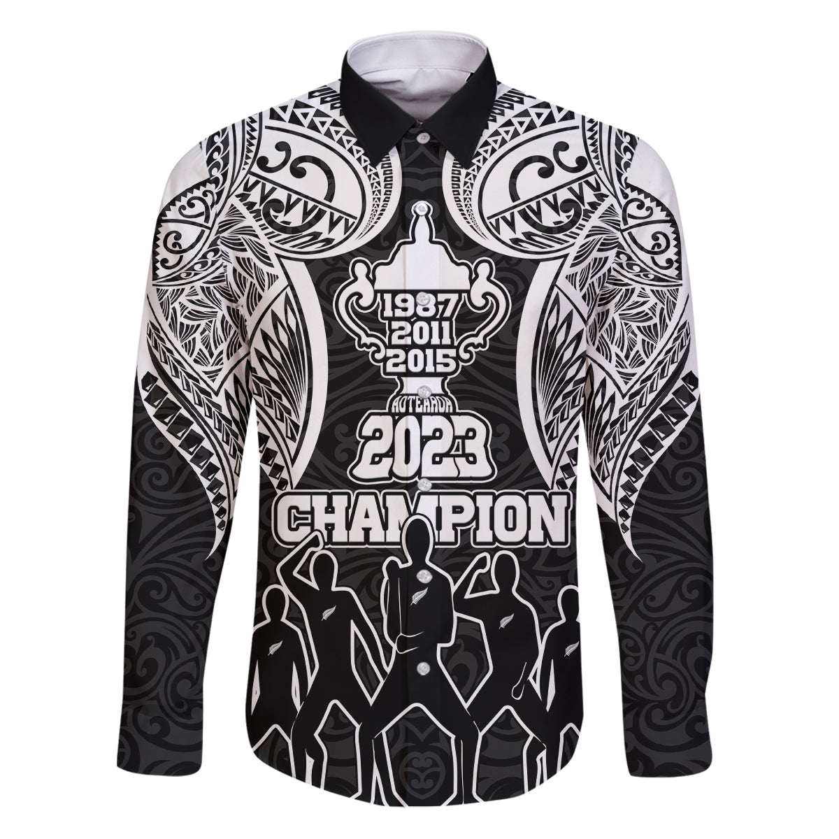 Personalised New Zealand Rugby Family Matching Puletasi Dress and Hawaiian Shirt Aotearoa Champion Cup History with Haka Dance LT03 Dad's Shirt - Long Sleeve Black - Polynesian Pride