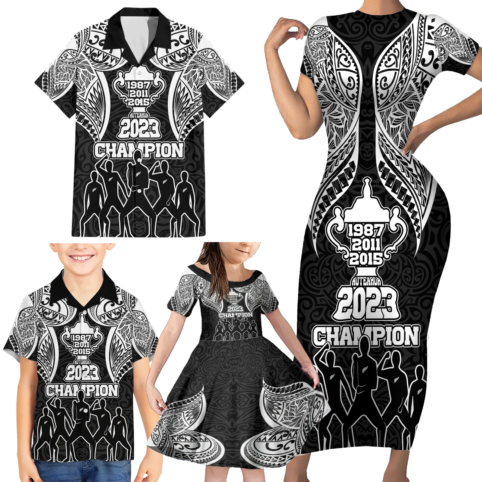 Personalised New Zealand Rugby Family Matching Short Sleeve Bodycon Dress and Hawaiian Shirt Aotearoa Champion Cup History with Haka Dance LT03 - Polynesian Pride