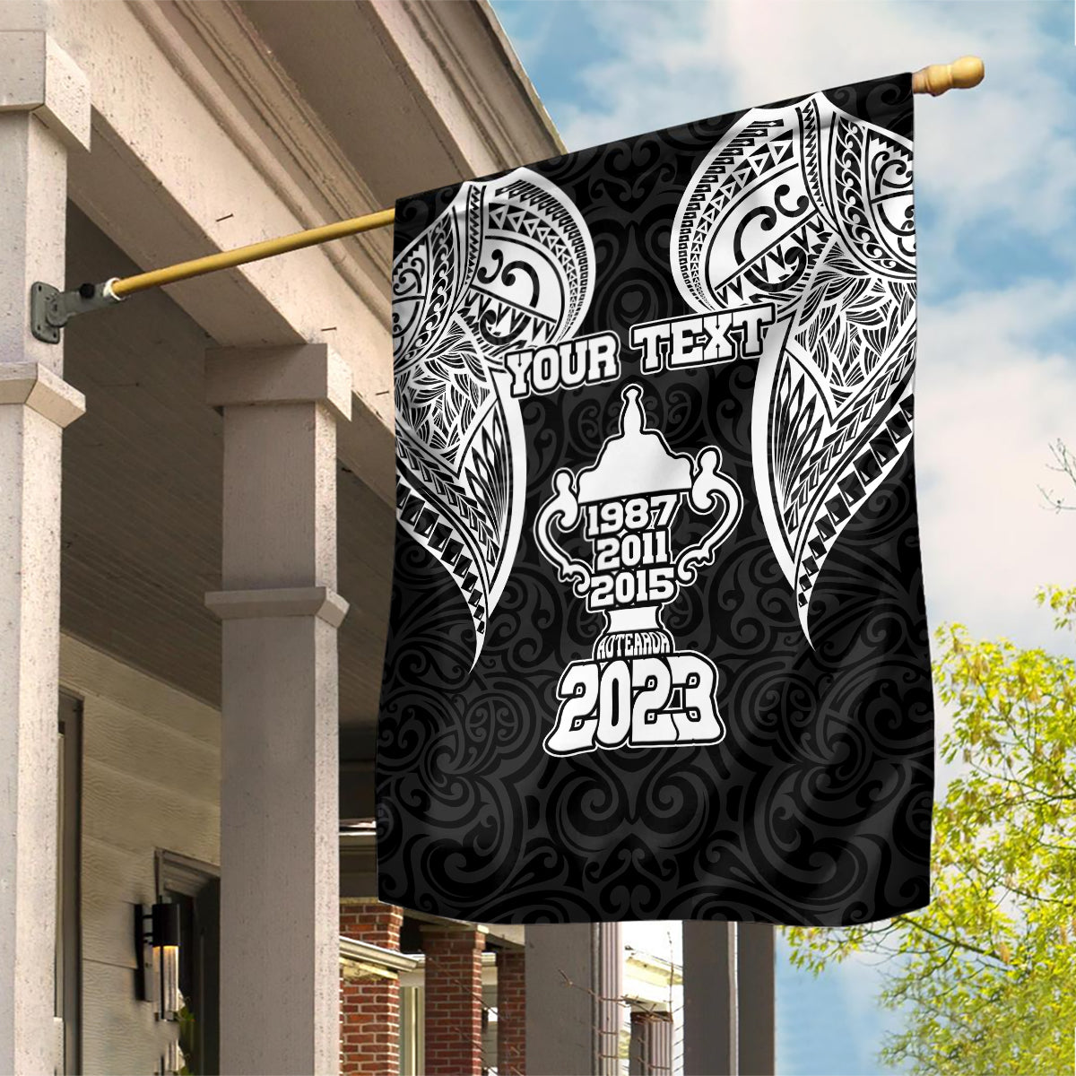 Personalised New Zealand Rugby Garden Flag Aotearoa Champion Cup History with Haka Dance LT03 House Flag Black - Polynesian Pride