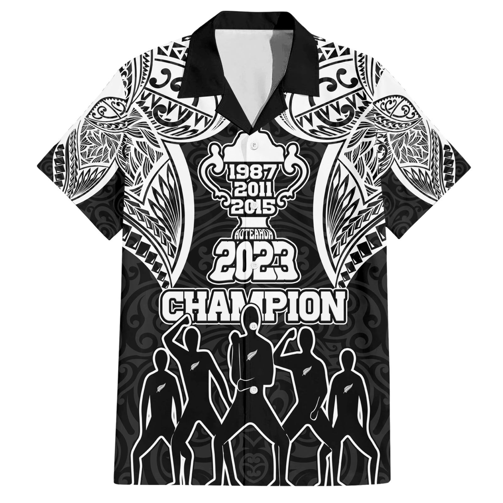 Personalised New Zealand Rugby Hawaiian Shirt Aotearoa Champion Cup History with Haka Dance LT03 Black - Polynesian Pride