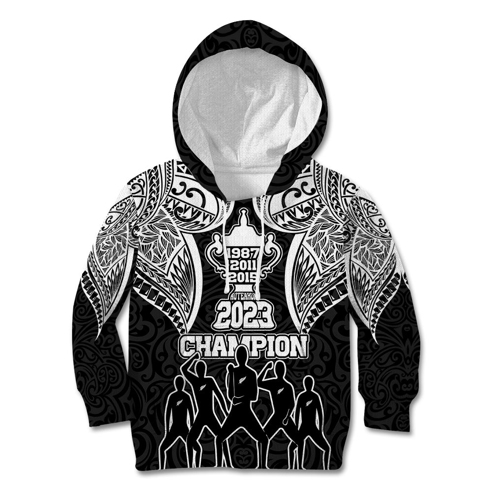 Personalised New Zealand Rugby Kid Hoodie Aotearoa Champion Cup History with Haka Dance LT03 Hoodie Black - Polynesian Pride