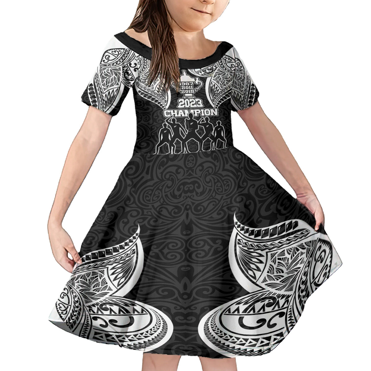 Personalised New Zealand Rugby Kid Short Sleeve Dress Aotearoa Champion Cup History with Haka Dance LT03 KID Black - Polynesian Pride