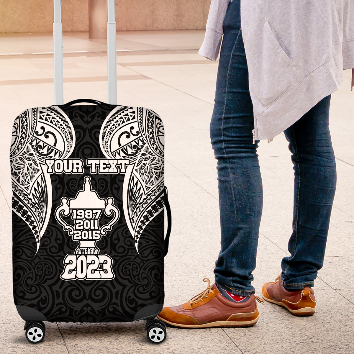 Personalised New Zealand Rugby Luggage Cover Aotearoa Champion Cup History with Haka Dance LT03 Black - Polynesian Pride