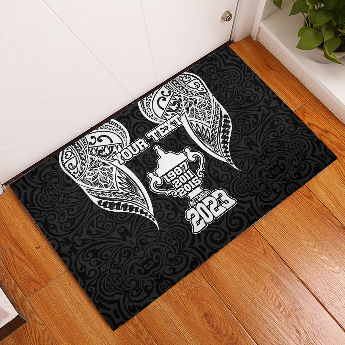 Personalised New Zealand Rugby Rubber Doormat Aotearoa Champion Cup History with Haka Dance LT03 Black - Polynesian Pride