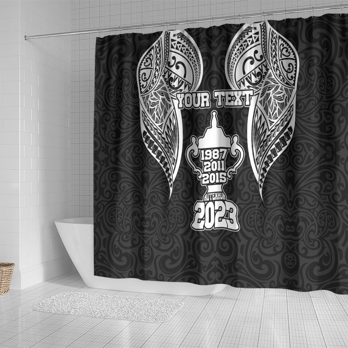Personalised New Zealand Rugby Shower Curtain Aotearoa Champion Cup History with Haka Dance LT03 - Polynesian Pride