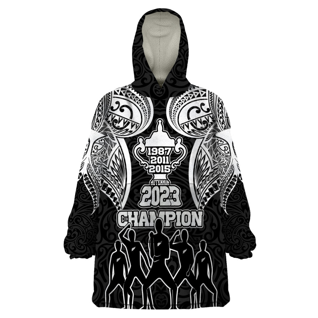 Personalised New Zealand Rugby Wearable Blanket Hoodie Aotearoa Champion Cup History with Haka Dance LT03 One Size Black - Polynesian Pride